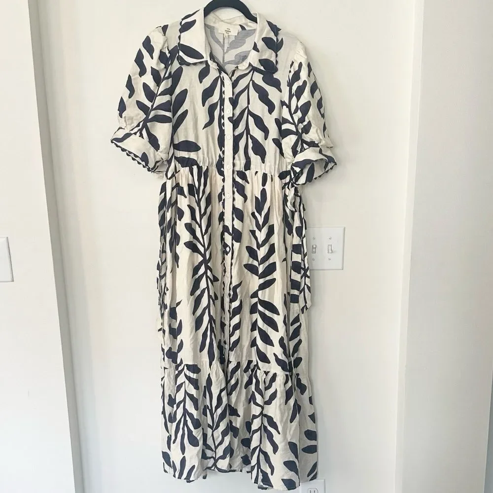 Entro Navy Blue Leaf Print Scallop Trim Midi Shirt Dress L - Picture 2 of 9